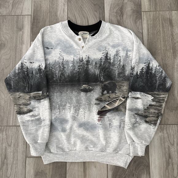 VTG Artisans Sunschein Designs Lake Bear Forest Snow Boat Y2K Sweatshirt Sz M - Picture 1 of 11